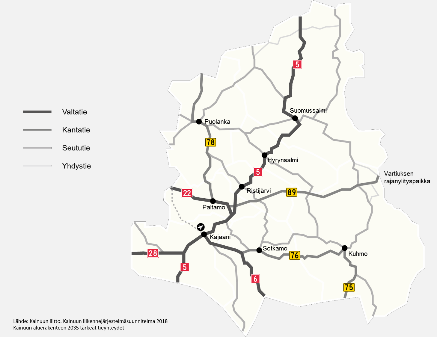 Kainuun tieverkko: valtatiet ja kantatiet (Lähde: Kainuun liitto)