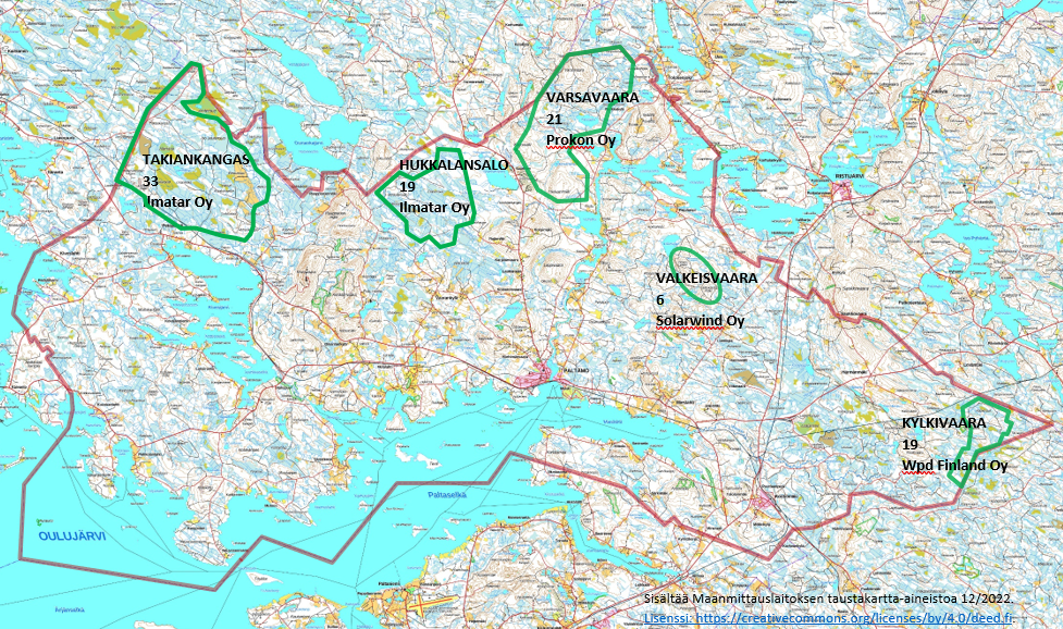 Paltamoon suunniteltujen tulipuistojen sijainti, voimaloiden määrät ja tuulipuisto-operaattorit