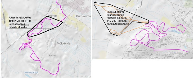 Kirkonkylän ja Kontiomäen latujen kunnossapidossa muutoksia alueella tehtävien hakkuutöiden takia