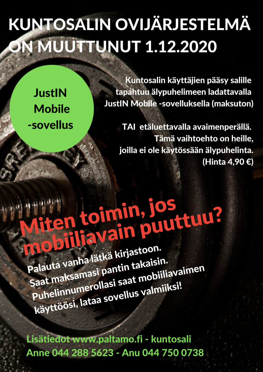 Tauko kuntosalin mobiiliavainten aktivoinnissa 23.12.2020-4.1.2021