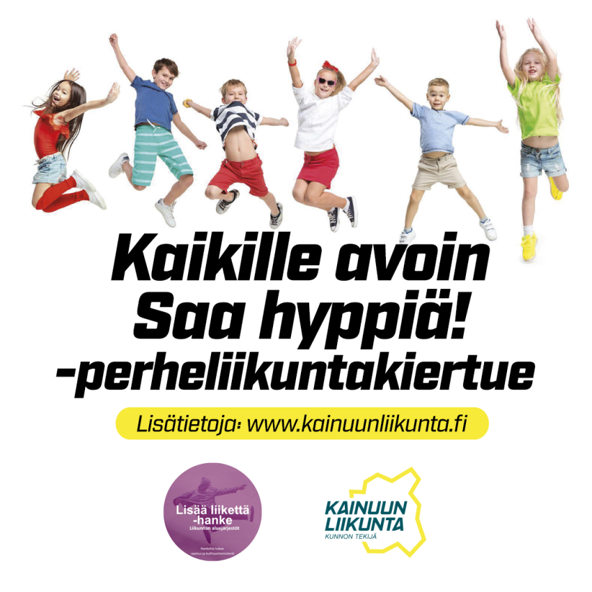 Saa hyppiä! -perheliikuntatapahtuma Paltamossa monitoimikeskuksen / koulun piha-alueella tiistaina 6.6.2023 klo 17-19