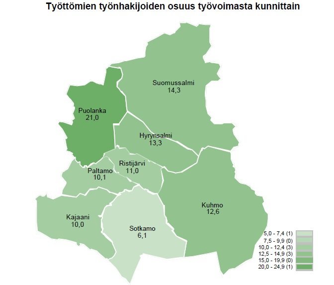 Kainuun työttömyys kasvoi helmikuussa, Kainuun työttömyystilanne edellisvuoteen verrattuna alueista kolmanneksi paras