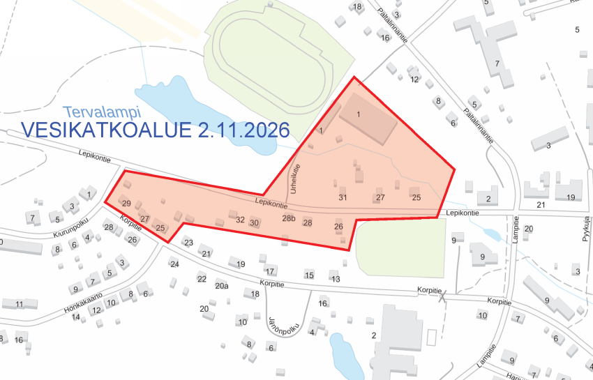 Vesihuoltolaitos tiedottaa: 2.11. vesikatko osalla Korpitiestä ja Lepikontiestä